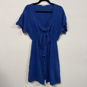 Marina Gigli Women's Linen Blue Tie-Front Shirt Dress Size M Mini Cottagecore